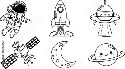 Space themed vector set with astronaut rocket moon satellite flying saucer and planet illustration