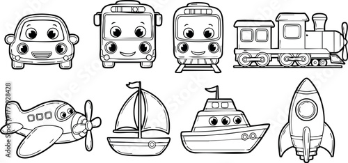 Cute cartoon transportation vehicles including cars airplane sailboat train rocket and ship vector illustration