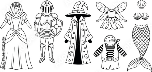 Medieval and fantasy costume vector set including knight armor wizard dress fairy pirate mermaid outfit