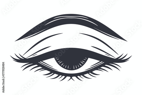 Stylized monochrome eye reveals its iris beneath prominent lashes and brow line