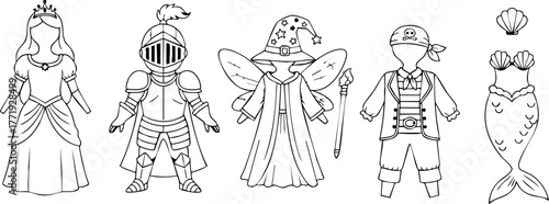 Medieval fantasy characters costume design with princess knight fairy pirate and mermaid vector line art illustration