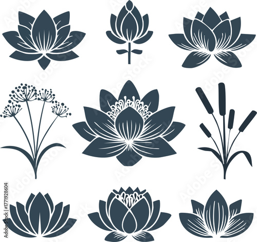 Elegant Collection of Water Lily and Lotus Flower Silhouettes Perfect for Nature-Themed Designs