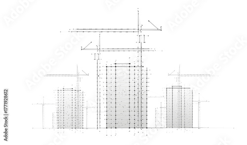Digital construction site sketch. Building 3D Printing, Building Information Modeling, Industrial background, Build project, Architect plan, City work, Urban development, Modular Construction concept.