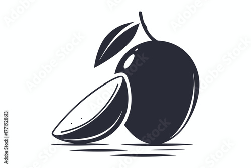 Stylized whole mango with leaves sits near sliced piece in monochrome look