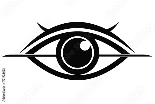 Stylized single eye showcases symmetrical black lines featuring bold iris and dual horn accents