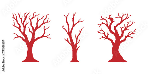 Red-leaved autumn tree silhouette with hearts, a vector floral illustration of nature and season's design