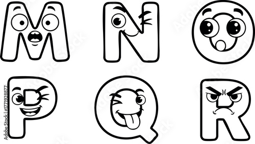 Alphabet letters M N O P Q R with expressive cartoon faces vector illustration for playful design
