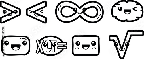 Mathematical symbols with cute faces vector set featuring infinity, inequalities, and square root icons in cartoon style
