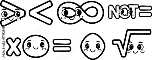Cute mathematical symbols with kawaii faces expressing relationships and equality in black and white vector design