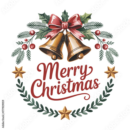 vintage christmas logo plate with golden bell and
star ornaments, text 