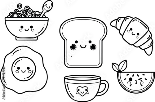 Cute breakfast food icons with happy face expressions including toast, cereal, croissant, egg, tea, and watermelon vector design