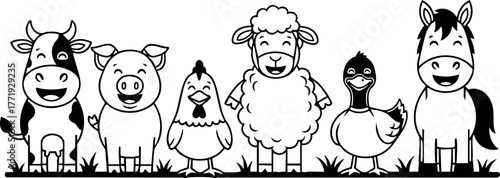 Farm animals cartoon vector with cow pig chicken sheep duck horse standing in a row smiling friendly farmyard characters