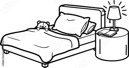 Bed with pillow teddy bear and bedside table with lamp and book cozy bedroom vector illustration