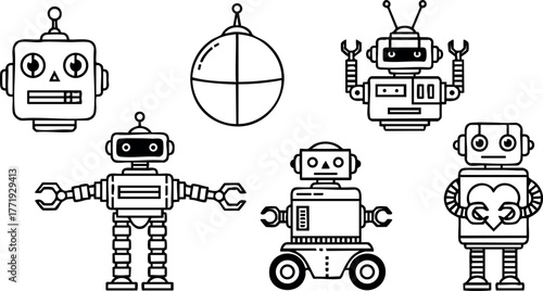 Set of five black and white retro robots with different shapes and gestures vector illustration