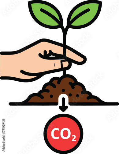 Planting a seedling with a hand in soil and a co2 symbol isolated on white background