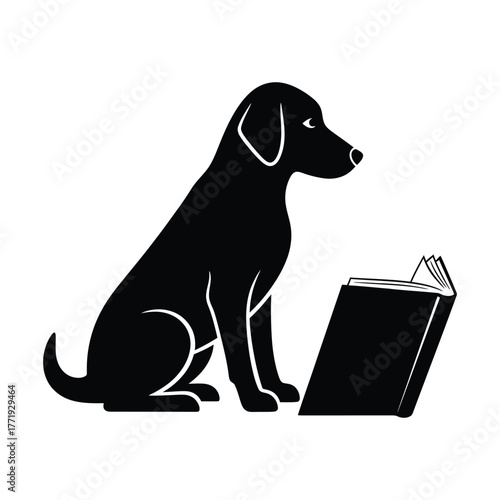 A black silhouette of a dog sitting and reading a book, a charming illustration for book lovers and dog enthusiasts alike