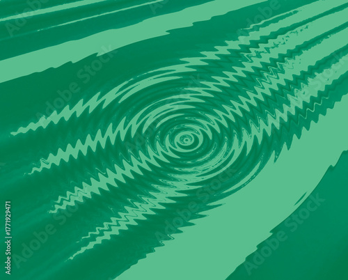 Intensive sound waves explode from center circle of green. Zig zag lines show abrupt entry across the page in diagonal fashion. It is as if an earthquake just happened, an interruption in daily life.