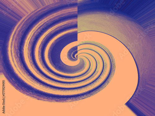 Imagine a shell on the beach or a new world forming in the abstract. Many curved lines end in a central location, Bright lines emphasize the middle section. It looks as if a puzzle can be solved.