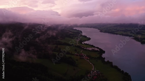 Magical Sunset Over Lake Mondsee and Irrsee, Austria – 4K Aerial Drone Footage with Fog, Rainbow, and Colorful Autumn Clouds