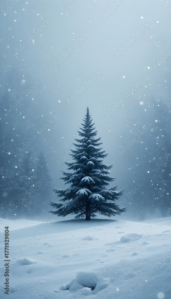 Naklejka premium Lone evergreen tree stands majestic in a snowy winter landscape scene