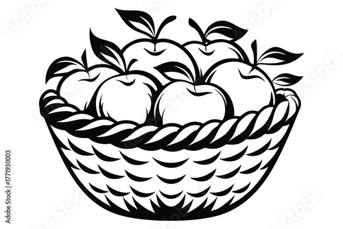 Wicker basket holds apples with leaves in a stylized, monochrome black and white rendering