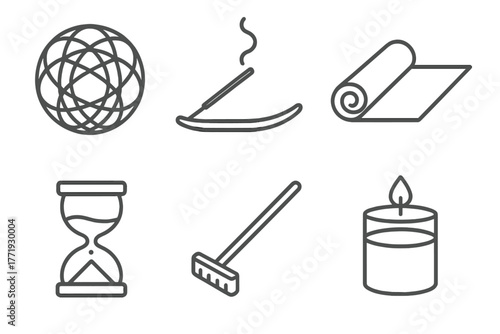 Mindfulness Tool Icons. Line style icons of Focus and Mindfulness Tools: breathing ball, incense stick, yoga mat, focus hourglass,