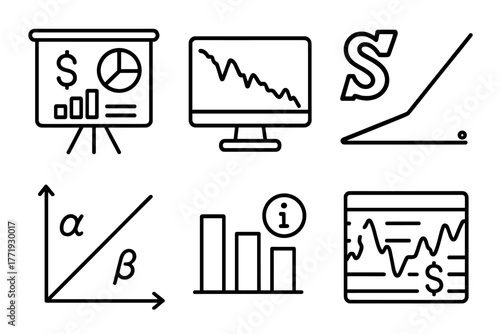 Hedge Fund Icons. Line style icons of hedge funds: fund metrics board, drawdown tracking, Sharpe ratio icon, alpha vs beta graph,