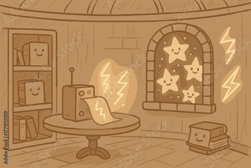 Cozy Observatory Doodle. A doodle of a cozy observatory where a keraunograph sits on a table, with happy stars peeking through the