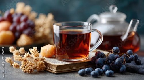 A glass teapot filled with tea rests on an old book, surrounded by fresh fruits, inviting a comforting tea-drinking moment