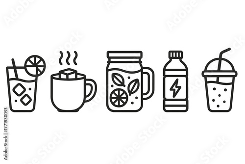 Keto Drink Icons. Line style icons of ketogenic diet: keto beverages, bulletproof coffee cup icon, infused water jar, herbal tea