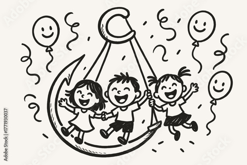 Swinging Joyful Playtime. A doodle of a falcate hook turned into a swing, with joyful children, smiling balloons, and playful