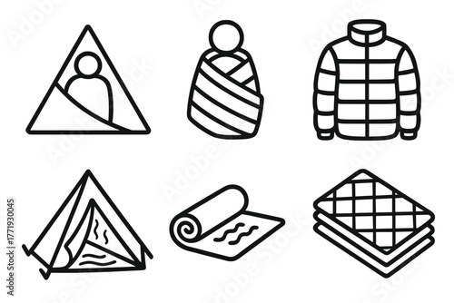Heat Retention Icons. Line style icons of Heat Retention Aids: emergency bivvy, body heat wrap, insulated jacket liner, thermal