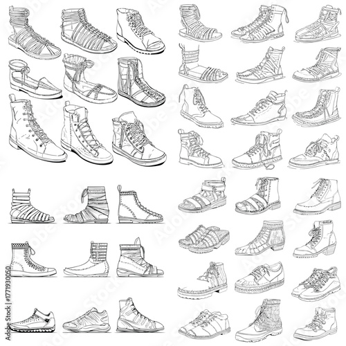 Detailed hand-drawn shoe design collection in sketch style. Includes sneakers, sandals, and boots for fashion, footwear illustration, and product concept design presentations.