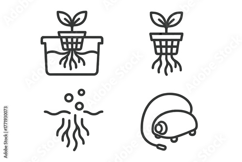 Hydroponics Line Icons. Line style icons of hydroponics: deep water culture, DWC icon, bucket system with net pots, submerged