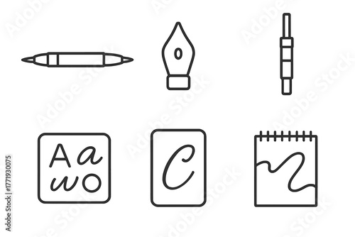Modern Calligraphy Icons. Line style icons of Modern Calligraphy Accessories: dual-tip brush pen, flexible nib, ink converter,