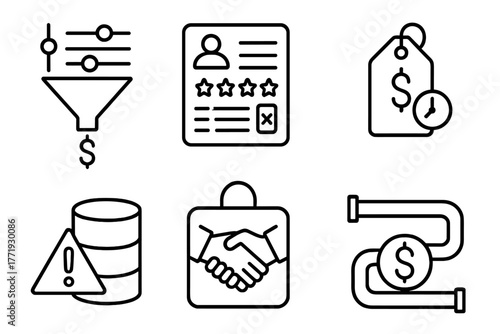 Private Equity Icons. Line style icons of private equity: investment filter settings, scoring rubric, valuation threshold, fund