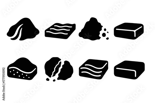 Kinetic Sand Textures. Solid style icons of kinetic sand textures: Grain Flow, Layer Ripple, Crumble Edge, Pressed Surface,