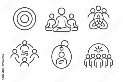 Holistic Healing Icons. Line style icons of holistic healing: wellness circles, group meditation icon, healing tribe symbol,