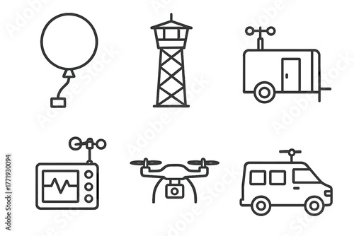 Meteorology Fieldwork Icons. Line style icons of meteorology fieldwork: weather balloon, observation tower, mobile station, data