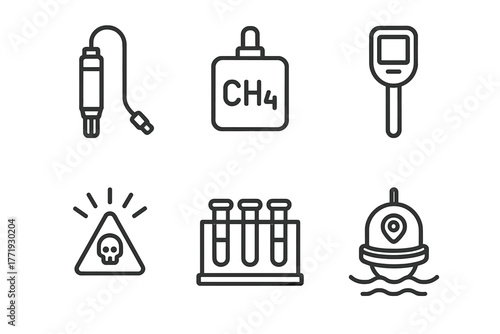 Environmental Monitoring Icons. Line style icons of Environmental Monitoring Tools: CO2 probe, methane sensor, pH reader, toxin