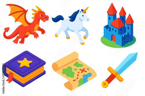Fantasy Adventure Icons. Isometric vector illustration set Fantasy Adventure: dragon flying, unicorn galloping, fantasy castle,