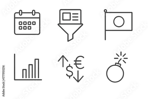 Forex Trading Icons. Line style icons of forex trading: economic calendar date, news filter icon, country event flag, market