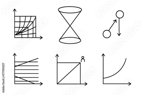 Astrophysics Line Icons. Line style icons of astrophysics: spacetime diagram, light cone symbol, causality icon, simultaneity