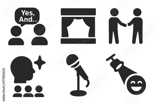Improvised Performance Icons. Solid style icons of Improvised Performance: "Yes, And...", Stage, Partner, Spontaneity, Microphone,