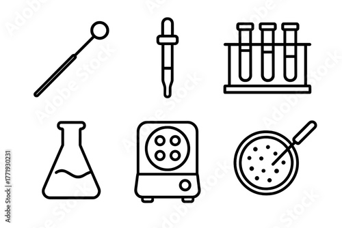 Microbiology Line Icons. Line style icons of microbiology: inoculating loop, pipette icon, test tube rack, colony counter, culture