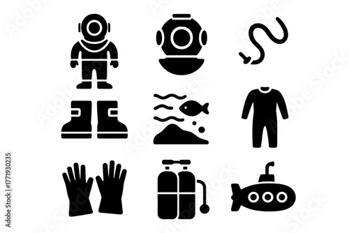 Historical Diving Gear Icons. Solid style icons of Historical Diving Apparatus: Diving Suit, Helmet, Air Hose, Weighted Boots,