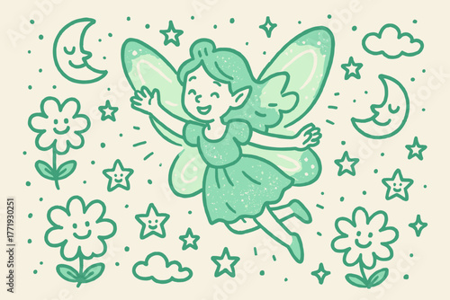 Smaragdine Fairy Delight. A doodle illustration of a smaragdine-colored fairy with glowing wings, flying joyfully among smiling