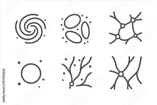 Astrophysics Line Icons. Line style icons of astrophysics: Milky Way shape, Local Group cluster, Virgo supercluster, cosmic web,