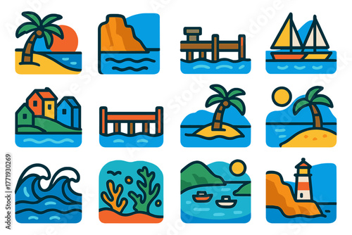 Coastal Icon Set. Flat vector icons of coastal scenery: sandy beach, rocky cliff, harbor dock, marina, seaside village, pier,