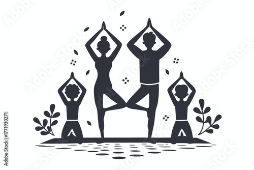 Woman and man balance in tree pose as children meditate beside them